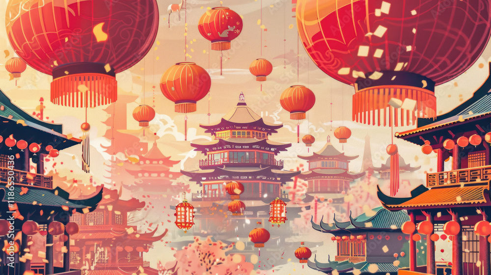 Obraz premium Chinese New Year poster, vibrant festival with red and gold lanterns, traditional Chinese architecture, celebratory atmosphere, detailed design elements
