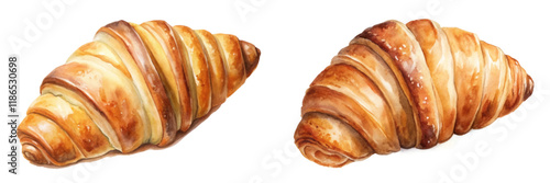 Freshly baked croissants, golden brown texture, delicious pastry, watercolor illustration, breakfast delight, gourmet food art.