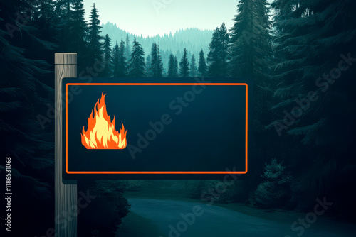 A wooden signpost in a forest features a flame icon, indicating a warning or information related to fire safety in the natural environment. photo