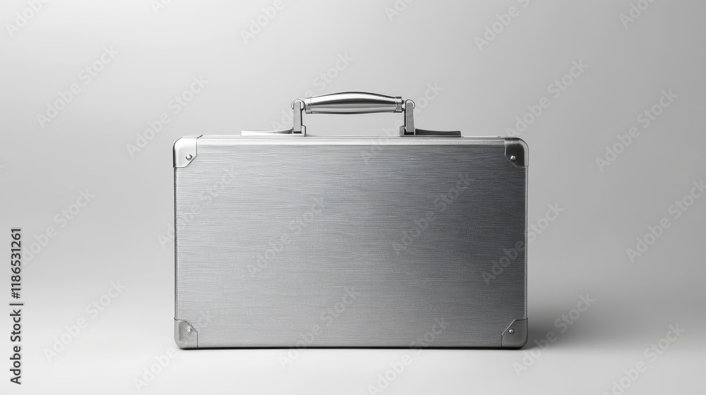 Silver Metal Briefcase Sitting on a Plain White Background. Silver Metal Briefcase Sitting on a Plain White Background.