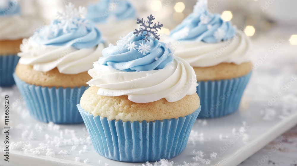 Winter Wonderland Cupcakes: Delightful frosted cupcakes in festive blue and white hues, adorned with delicate snowflake sprinkles. Winter Wonderland Cupcakes: Delightful frosted cupcakes in festive blue and white hues, adorned with delicate snowflake sprinkles.
