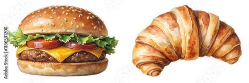 Realistic food illustration, delicious hamburger, flaky croissant, vibrant colors, culinary art, appetizing design.