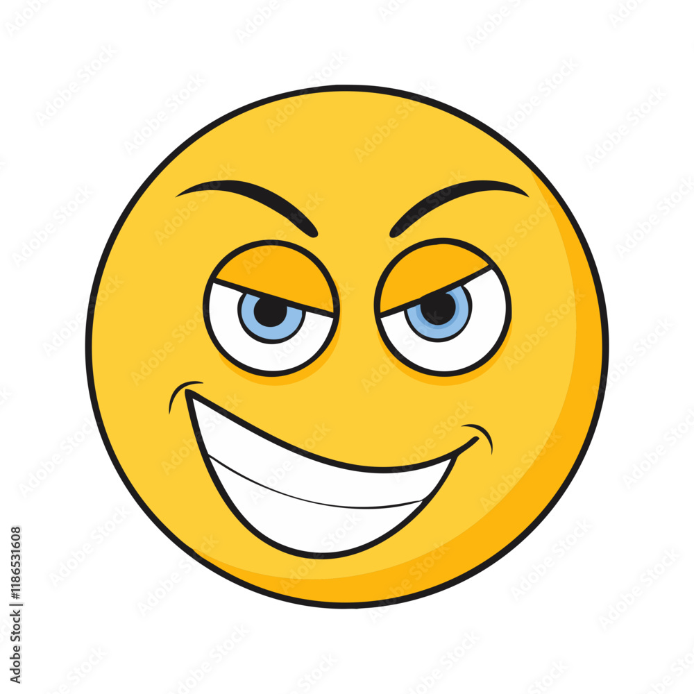 Fototapeta premium mischievous smile emoji vector icon, fools’ day vector illustration - simple illustration of mischievous smile emoji perfect for logos, and fools’ day-themed designs.