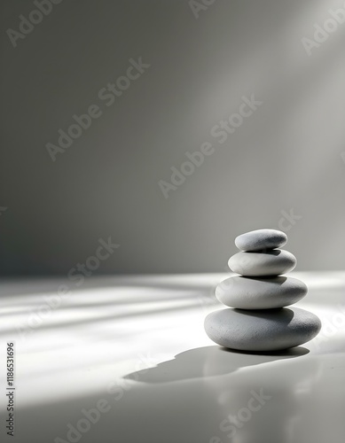 zen, stones, stacked, soft, diffused, lighting, neutral, flat, surface, shadows, subtle, blending, gray, background, balance, harmony, calm, minimalist, serene, tranquil, meditative, peaceful, nature,