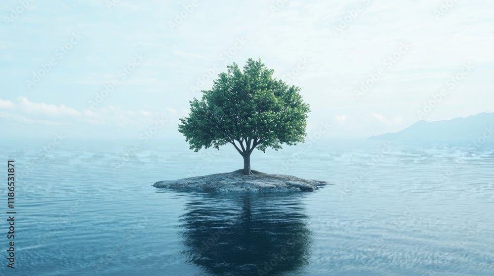 Lone tree on tranquil water surrounded by mist reflecting calmness and serenity in nature's beauty