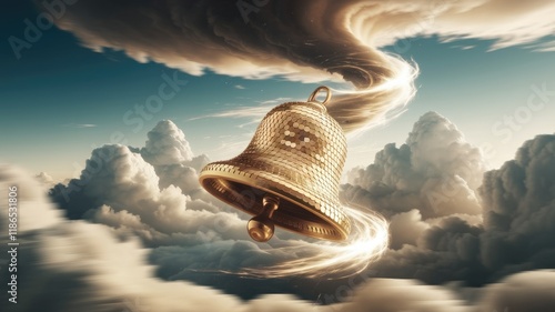 A golden bell, seemingly made of coins, flies through swirling clouds, signifying a momentous announcement or event. photo