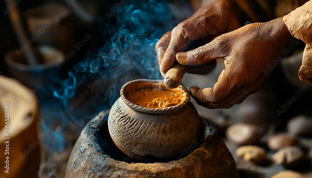 Hands stir a steaming clay pot on a fire, creating traditional crafts. Hands stir a steaming clay pot on a fire, creating traditional crafts.