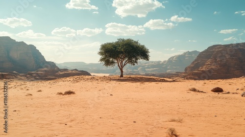 Lone Resilient Tree Standing in Sandy Desert Landscape Under Clear Blue Sky photo