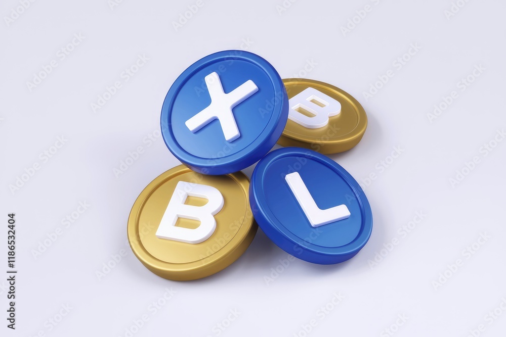 A 3D render of blue and gold coins with letters X, B, and L, possibly representing game controllers or tokens.