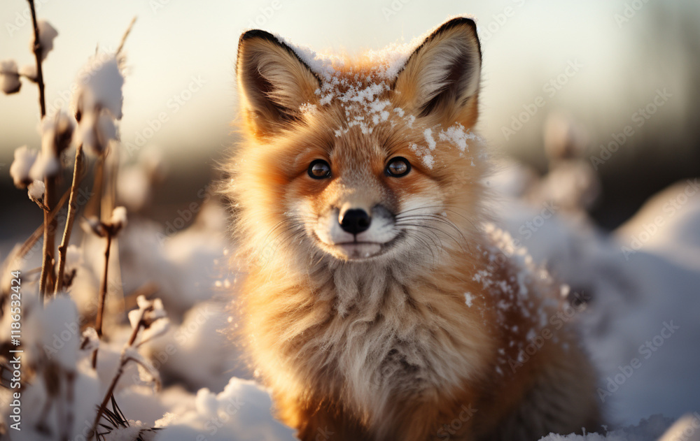 Obraz premium little fox sitting in snow field,.Generative AI