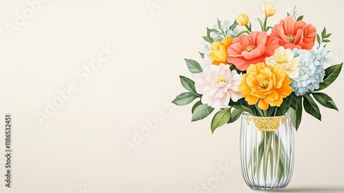 A pastel watercolor painting of a vintage bouquet in a crystal vase with handwritten Womens Day wishes on a gold edged card for elegance  photo