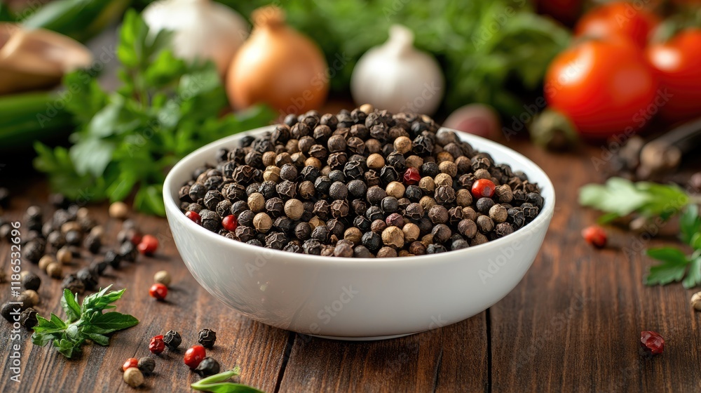 Bowl of mixed peppercorns surrounded by fresh herbs and vegetables on rustic wooden table setting in a vibrant culinary scene Bowl of mixed peppercorns surrounded by fresh herbs and vegetables on rustic wooden table setting in a vibrant culinary scene