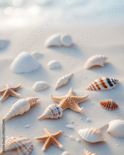 Top view of a sandy beach with collection of seashells and starfish photo