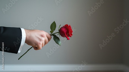 Fototapeta Naklejka Na Ścianę i Meble -  Close-up of a man's hand elegantly holding a fresh red rose