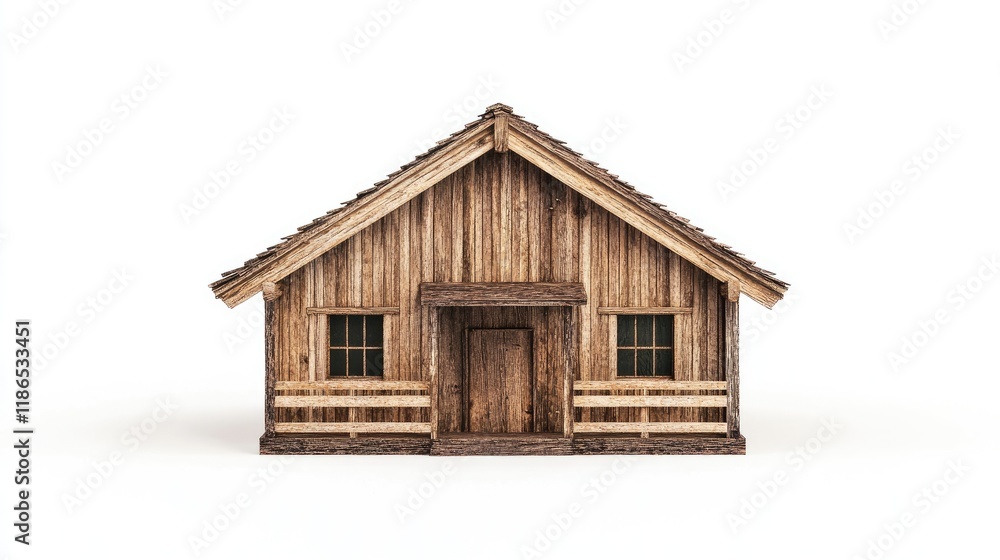 Wooden house model with rustic design isolated on white background showcasing traditional architecture and craftsmanship in a minimalist setting Wooden house model with rustic design isolated on white background showcasing traditional architecture and craftsmanship in a minimalist setting
