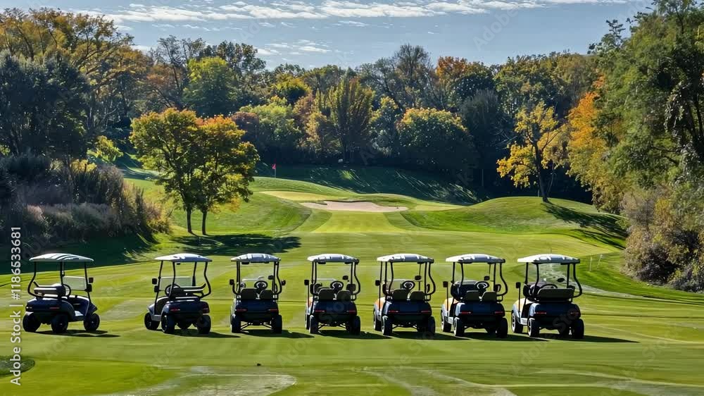Golf carts lined up on a scenic golf course surrounded by colorful autumn trees