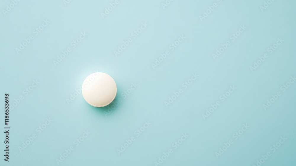 Single white pill placed on soft light blue background showcasing its smooth surface and subtle shadows in a minimalist composition Single white pill placed on soft light blue background showcasing its smooth surface and subtle shadows in a minimalist composition