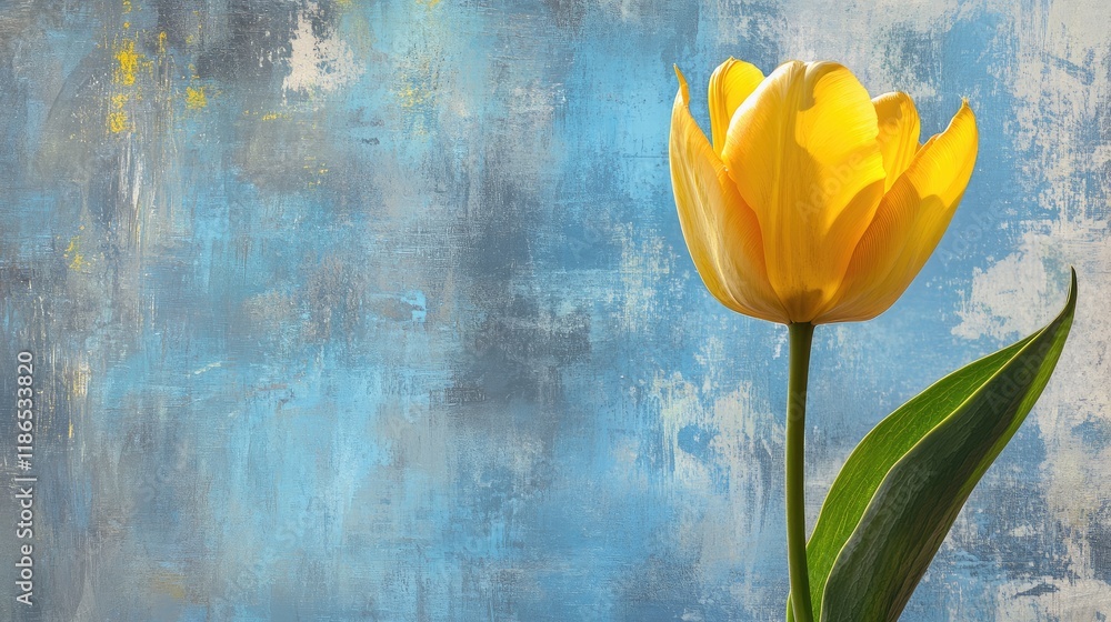 Single vibrant yellow tulip against a textured blue gray pastel backdrop perfect for spring holiday greetings and seasonal decorations Single vibrant yellow tulip against a textured blue gray pastel backdrop perfect for spring holiday greetings and seasonal decorations