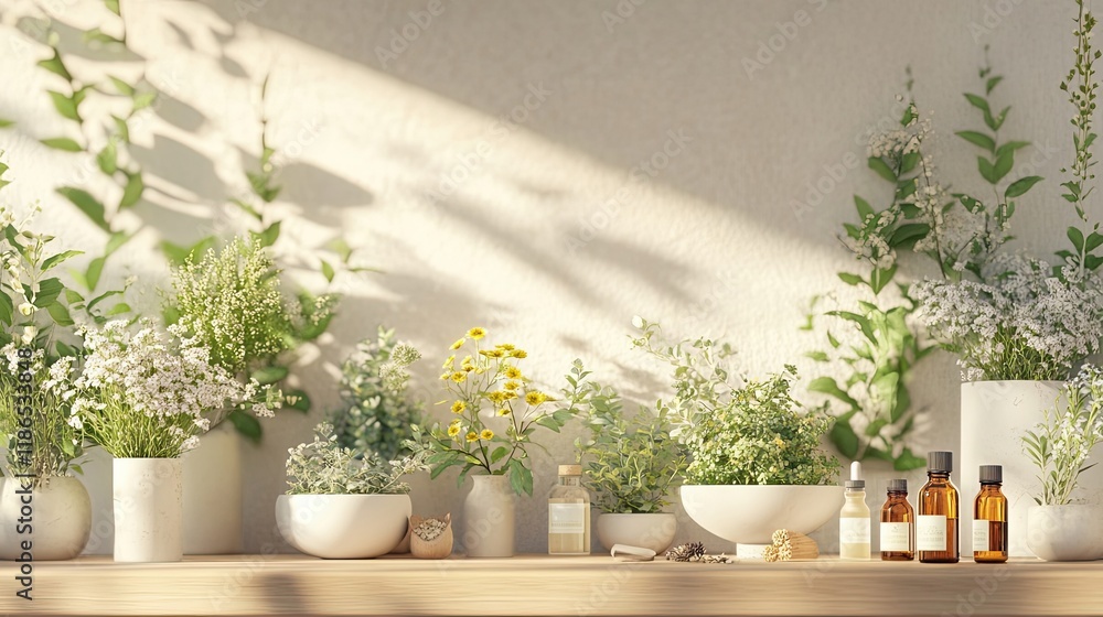White and Yellow Flowers, Plants, and Bottles on a Wooden Shelf White and Yellow Flowers, Plants, and Bottles on a Wooden Shelf