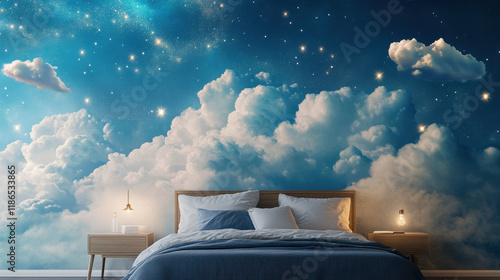 Celestial Dreamscape Bedroom Mural: A serene bedroom features a breathtaking mural depicting a dreamy night sky filled with fluffy clouds and twinkling stars. photo