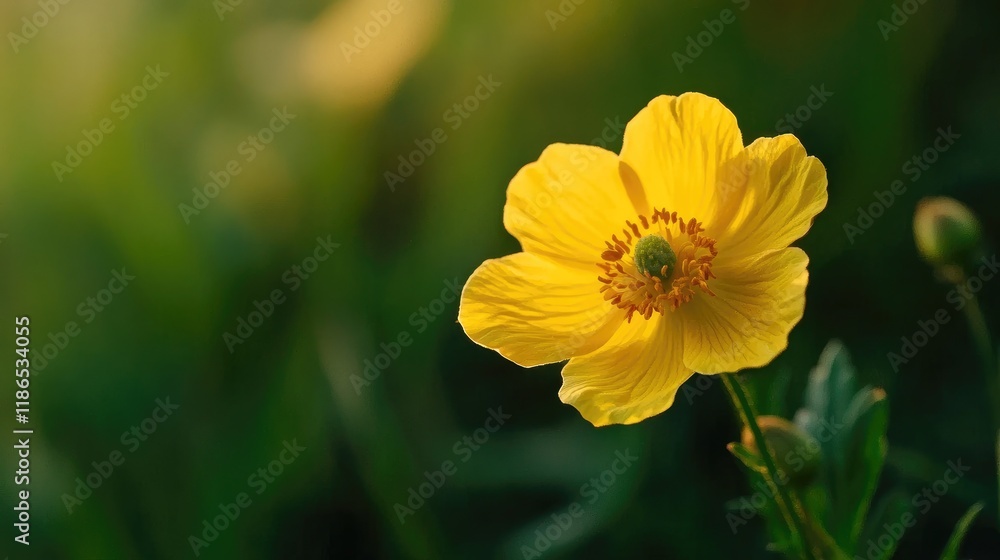 Close Up of a Single Yellow Flower in Natural Green Setting with Soft Focus Background Close Up of a Single Yellow Flower in Natural Green Setting with Soft Focus Background