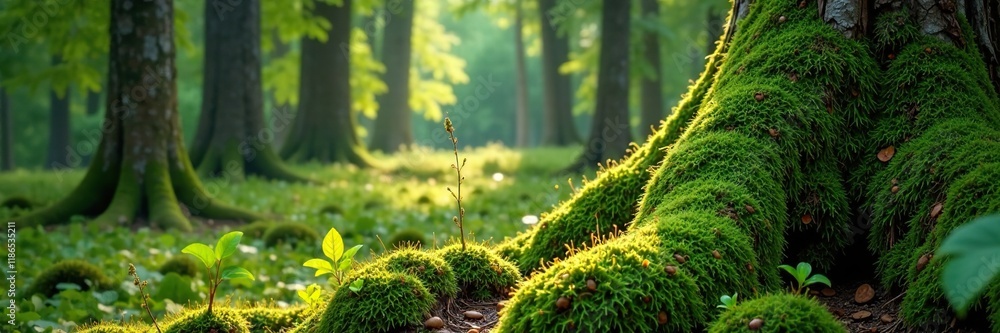 A carpet of moss and lichen adorns ancient tree trunks in a forest clearing, Moss, Forest Clearing A carpet of moss and lichen adorns ancient tree trunks in a forest clearing, Moss, Forest Clearing