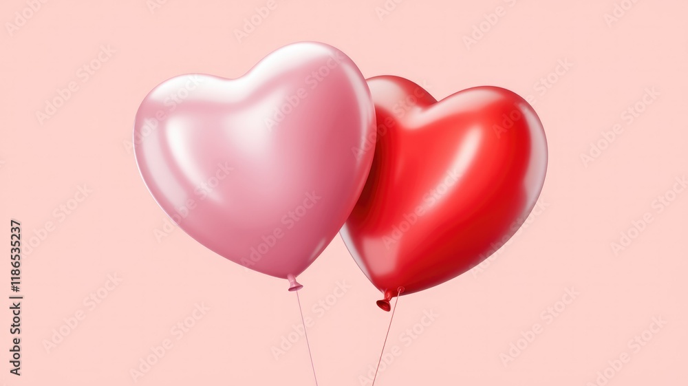 Two heart-shaped balloons, one pink and one red, float against a soft pink background. Two heart-shaped balloons, one pink and one red, float against a soft pink background.