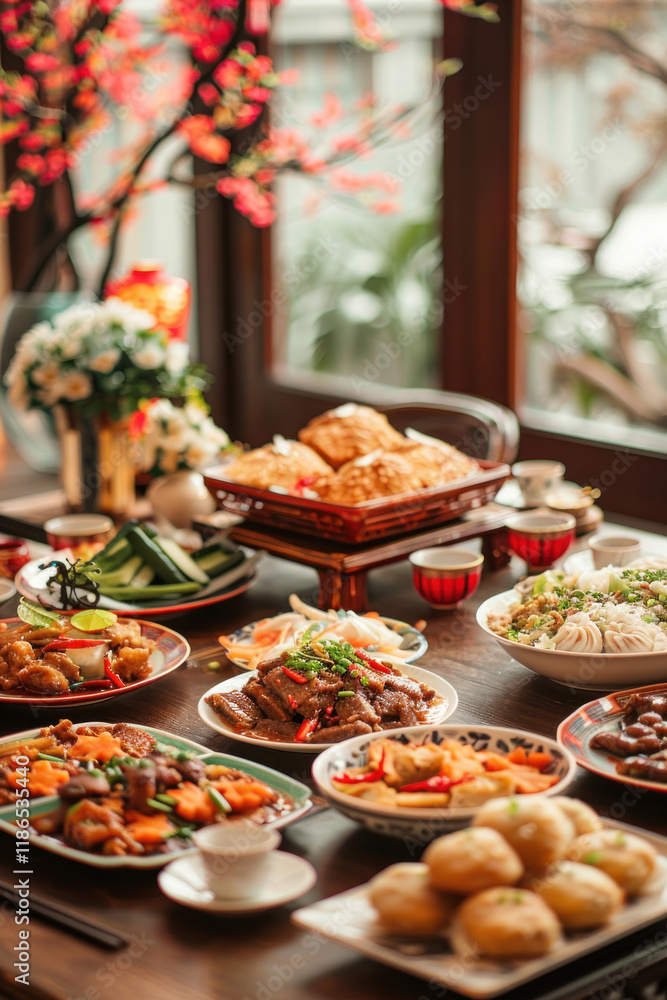 Chinese New Year, serene family dinner setting, traditional dishes on the table, warm lighting, harmonious atmosphere Chinese New Year, serene family dinner setting, traditional dishes on the table, warm lighting, harmonious atmosphere
