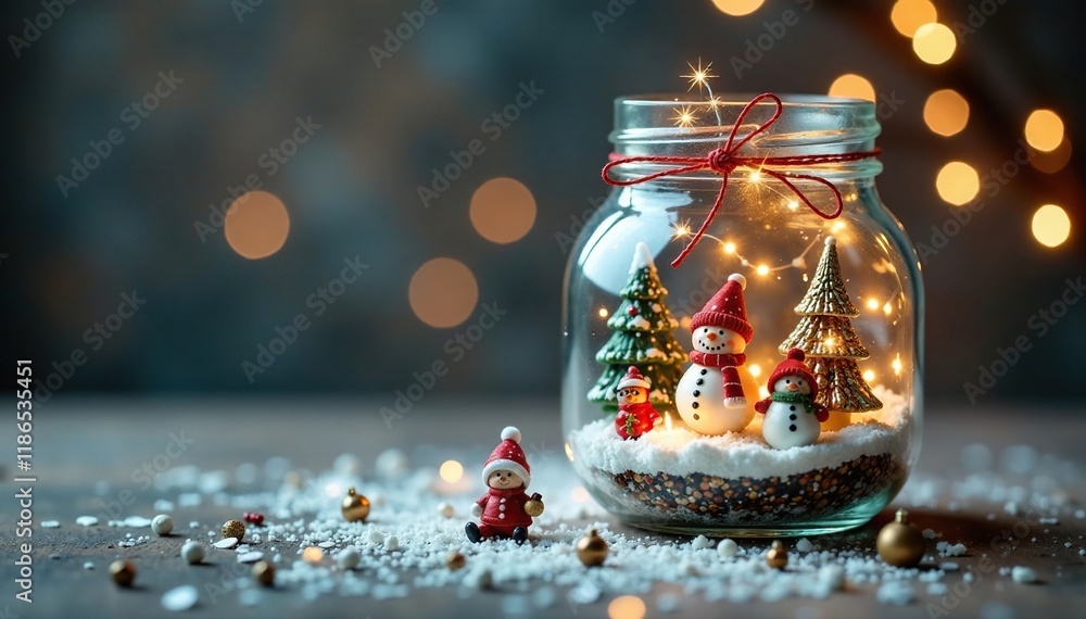 Christmas jar filled with small festive figurines and glittering snowflakes, holiday, ornaments, winter wonderland Christmas jar filled with small festive figurines and glittering snowflakes, holiday, ornaments, winter wonderland