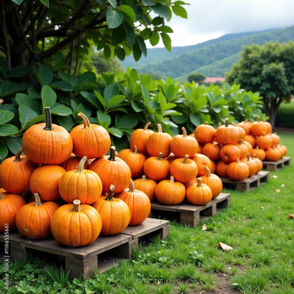 Colorful pumpkins stacked on wooden pallets in lush greenery, harvest, fall, maui Colorful pumpkins stacked on wooden pallets in lush greenery, harvest, fall, maui