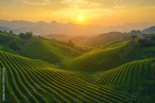 Golden sunrise illuminating prosecco vineyards in conegliano valdobbiadene, italy photo