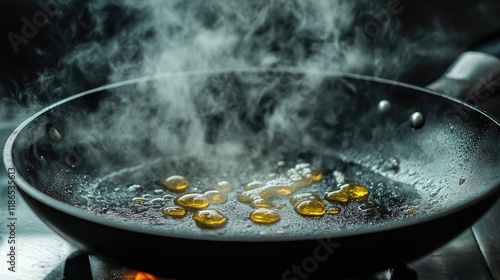 Sizzling oil and wax in a skillet producing golden droplets and fragrant white smoke for culinary or cooking themes. photo