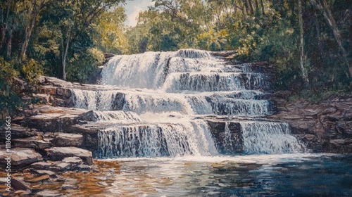 Steavenson waterfall cascading down rocky tiers surrounded by lush greenery in a peaceful natural setting photo