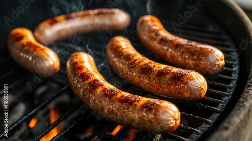 Obraz na płótnie Grilled sausages sizzling over hot coals on a barbecue grill with smoke rising in a backyard setting w salonie