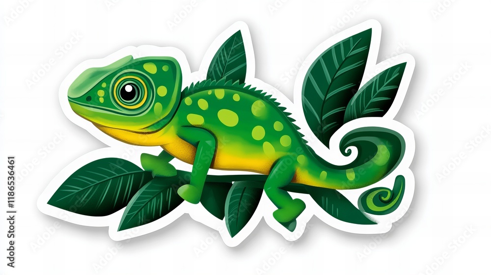 Fototapeta premium Adorable cartoon chameleon perched on vibrant green leaves. Perfect for kids' projects!