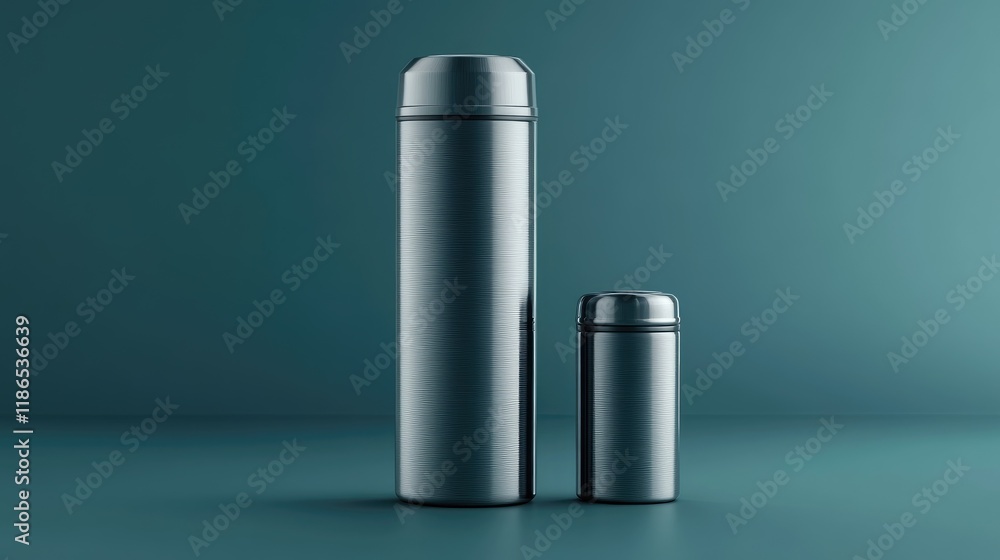 Steel thermos and mug set against a minimalistic background showcasing modern design and functionality for outdoor and travel enthusiasts Steel thermos and mug set against a minimalistic background showcasing modern design and functionality for outdoor and travel enthusiasts