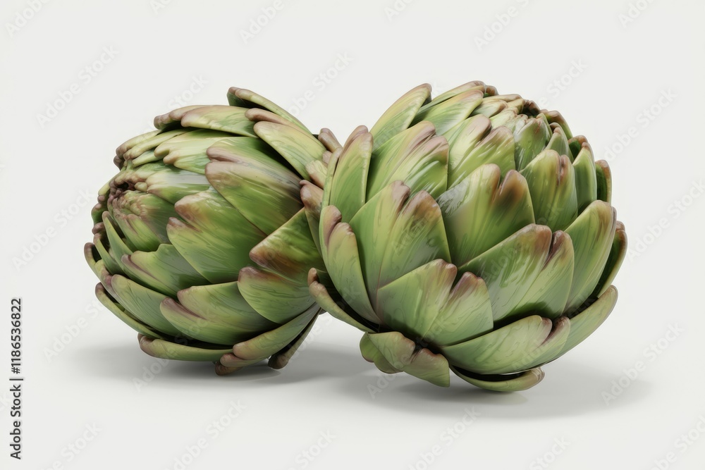 Two fresh artichokes, vibrant green with reddish-brown tips, ready to cook. Two fresh artichokes, vibrant green with reddish-brown tips, ready to cook.