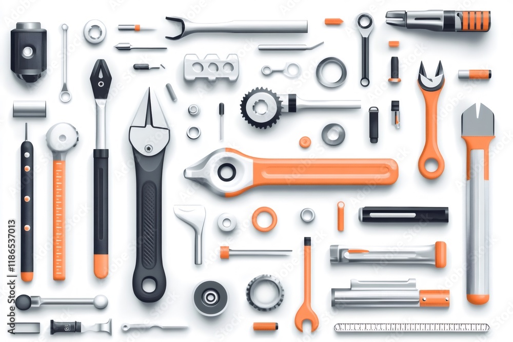 Mechanic tools arranged neatly on white background creating appealing pattern Mechanic tools arranged neatly on white background creating appealing pattern