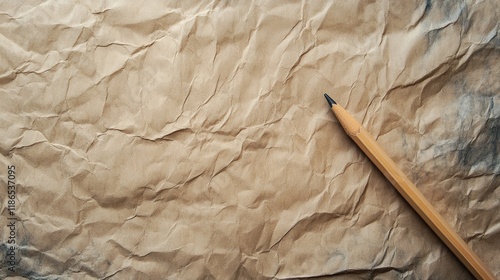 Crinkled sketch paper texture with a wooden pencil creating a rustic artistic background for creative projects and design elements photo