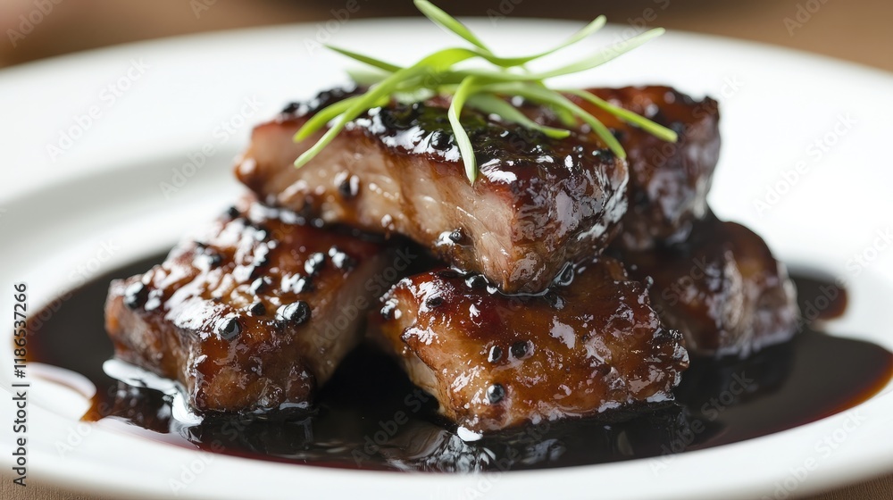 Steamed Spareribs with Black Bean Sauce Garnished with Fresh Scallions in Elegant Presentation Steamed Spareribs with Black Bean Sauce Garnished with Fresh Scallions in Elegant Presentation