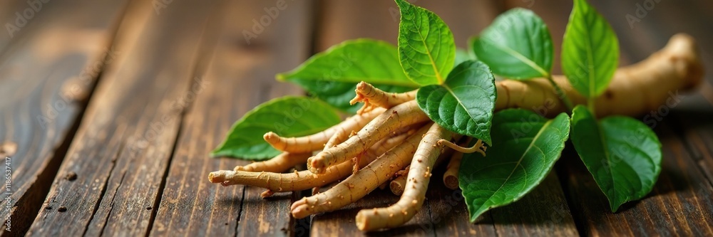 Ashwagandha roots and leaves entwined on a wooden background, nature, ayurveda Ashwagandha roots and leaves entwined on a wooden background, nature, ayurveda