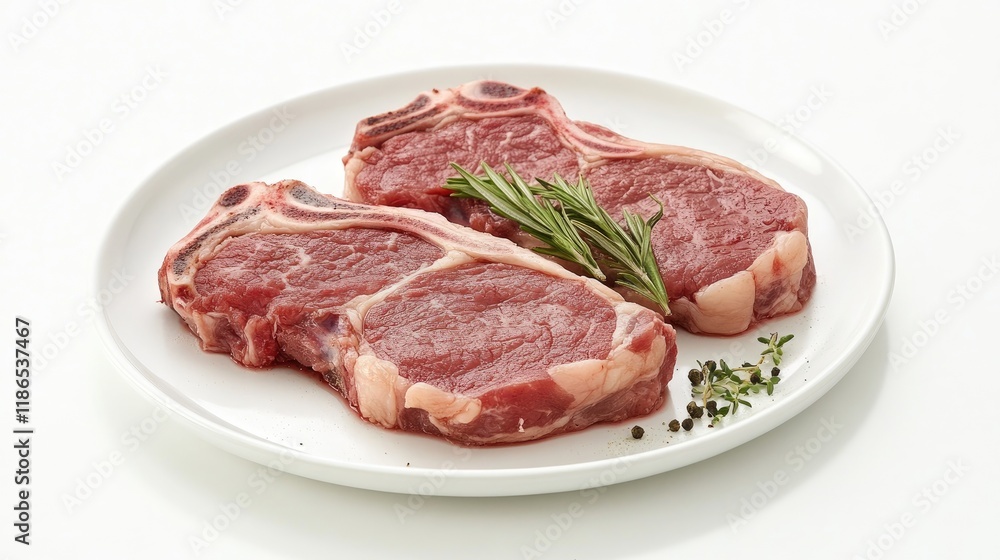 Fresh Raw Pork Chops on White Plate with Herbs Ready for Cooking Fresh Raw Pork Chops on White Plate with Herbs Ready for Cooking