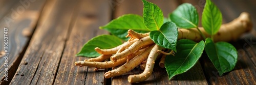 Ashwagandha roots and leaves entwined on a wooden background, nature, ayurveda