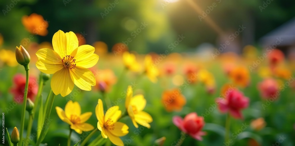 Obraz premium primrose flowers in a garden with other blooms, countryside, colorful, primrose