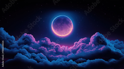 Cosmic Dreamscape: A celestial tapestry of vibrant hues and ethereal beauty, a full moon glows with a neon light, casting an otherworldly ambiance on the clouds beneath.