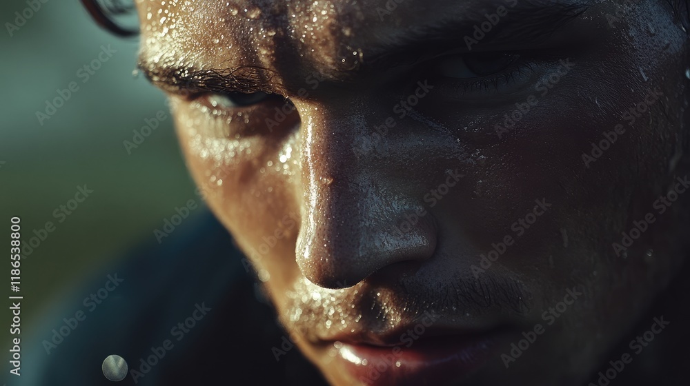 Intense close-up of a focused soccer player preparing for a match with sweat glistening on his face under natural light. Intense close-up of a focused soccer player preparing for a match with sweat glistening on his face under natural light.