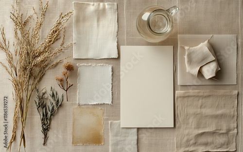 A mood board featuring minimalistic stationery, linen and glass samples, beige tile flooring, a top-down view, a flat lay composition, high-resolution photography