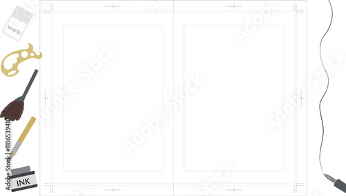 漫画画材に囲まれた見開き原稿用紙の背景用イラスト photo