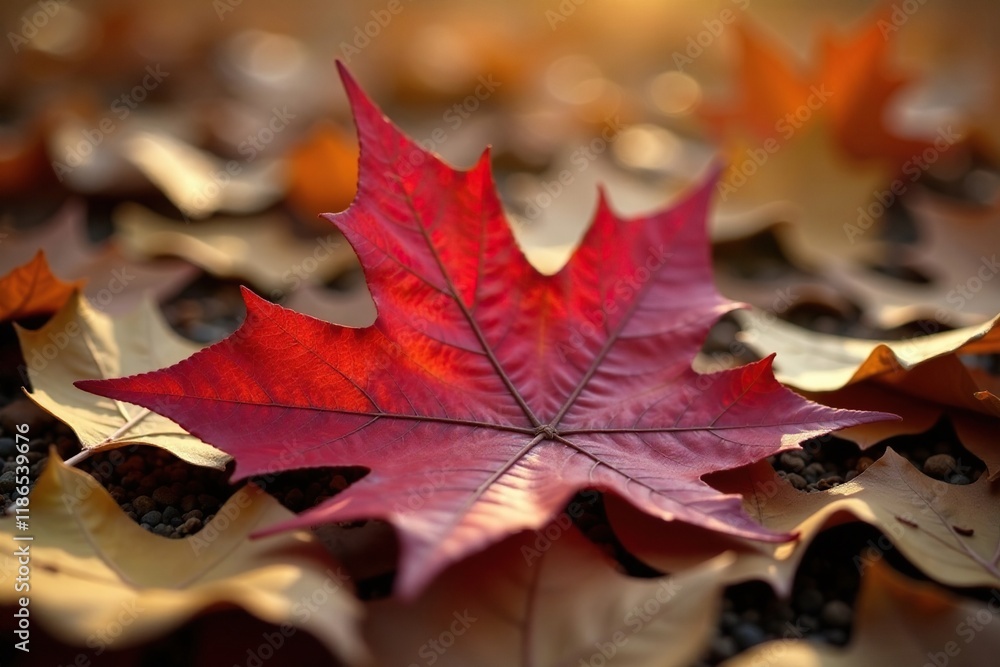 A single red leaf lying on a bed of dry leaves, autumnal, foliage, fall decor A single red leaf lying on a bed of dry leaves, autumnal, foliage, fall decor