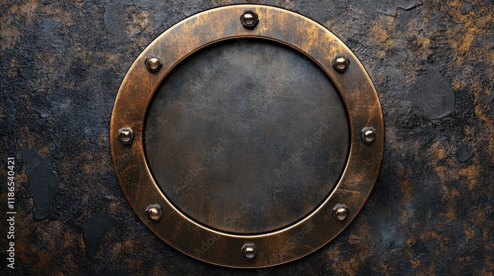 Bronze circular medal frame with rivets on a textured metallic background for award or achievement display Bronze circular medal frame with rivets on a textured metallic background for award or achievement display